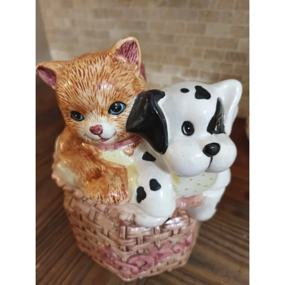 Vintage Ceramic Cat Dog Cookie Jar Basket Pink Bow Cute Cottage Decor